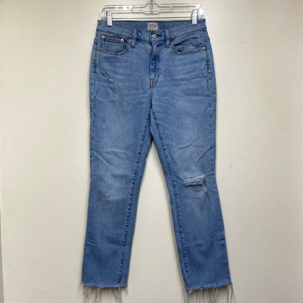 J. Crew Denim Light Wash Cropped Skinny Jeans Distresses Raw Hem Ladies Size 27